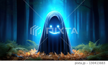 Friendly blue ghost with glowing smile in a magical autumn forest 130413883