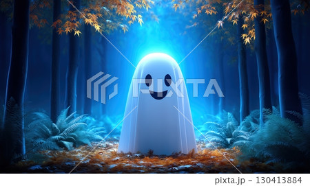 Friendly ghost glowing in a mystical blue forest with autumn leaves 130413884