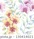 Watercolor orchid seamless pattern with pink and yellow flowers, and lush green branches. Hand-drawn illustration. Ideal for fabric, wallpaper, tablecloths, gift wrapping 130414021