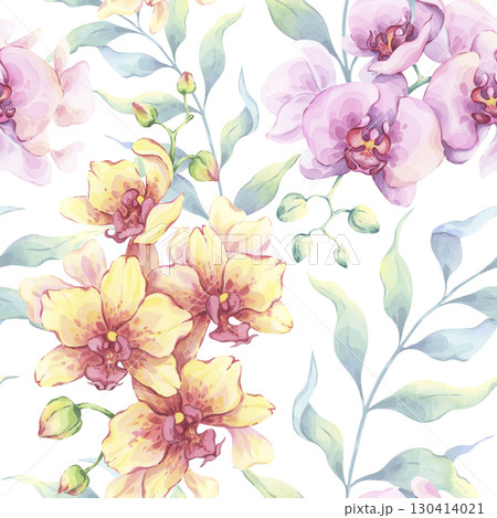 Watercolor orchid seamless pattern with pink and yellow flowers, and lush green branches. Hand-drawn illustration. Ideal for fabric, wallpaper, tablecloths, gift wrapping 130414021