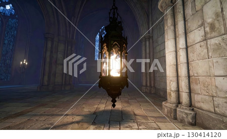 Old gothic style lantern glowing warmly in medieval stone corridor with mysterious Halloween haunted atmosphere 130414120
