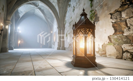 Illuminated lantern standing in abandoned stone hallway with mysterious foggy Halloween atmosphere 130414121