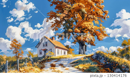 Vibrant autumn forest showcasing fallen leaves and a rustic cabin nestled amongst the colorful foliage 130414176