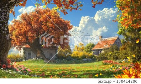 Vibrant autumn forest showcasing fallen leaves and a rustic cabin nestled amongst the colorful foliage 130414200