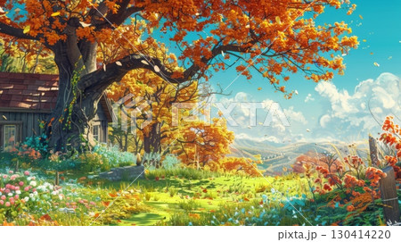 Vibrant autumn forest showcasing fallen leaves and a rustic cabin nestled amongst the colorful foliage 130414220