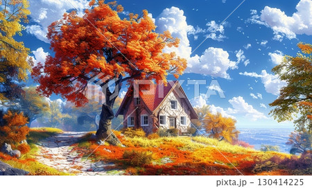 Vibrant autumn forest showcasing fallen leaves and a rustic cabin nestled amongst the colorful foliage 130414225