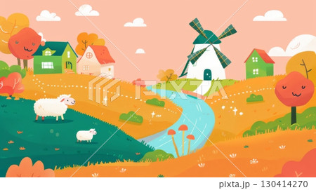 A serene countryside scene with a windmill, houses, a stream, and sheep grazing in a golden field under a pastel sky. 130414270