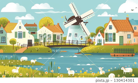 A serene countryside scene with a windmill, houses, a stream, and sheep grazing in a golden field under a pastel sky. 130414301
