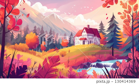 landscape in the mountains ,Renaissance painting with a classic background illustration 130414369