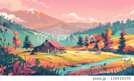 landscape in the mountains ,Renaissance painting with a classic background illustration landscape in the mountains ,Renaissance painting with a classic background illustration 130414370