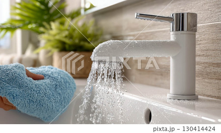 water flows from the faucet in the bathroom 130414424