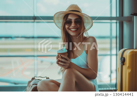 woman working on tablet at airport terminal enjoying online connection, travel lifestyle and digital communication, casual fashion with suitcase, remote work, freedom and technology in transit 130414441