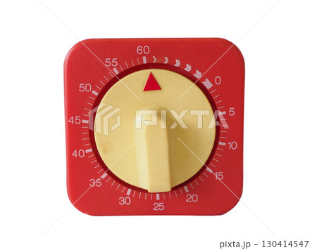 Close-up of a red mechanical timer with yellow dial, used for cooking or laboratory timing. Close-up of a red mechanical timer with yellow dial, used for cooking or laboratory timing. 130414547