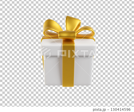White gift box with a gold bow. A stylized icon perfect for holiday, birthday, or Christmas. Ideal for greeting cards and promotional materials. 3D rendering 130414596