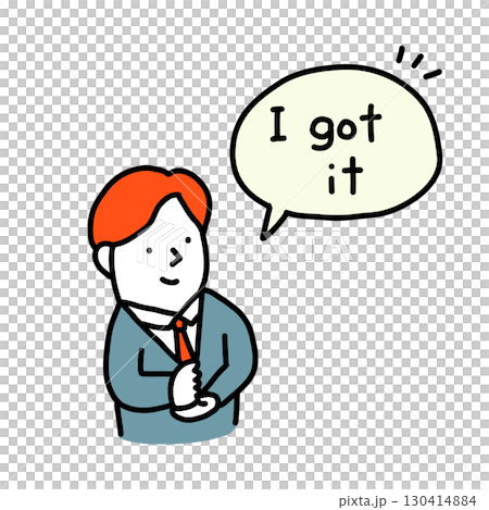 Illustration of a man in a suit clapping his hands and saying "I got it!" 130414884