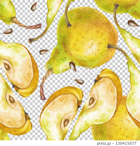 Seamless hand-drawn pattern of whole pears and pieces of fruit isolated on a white background. Watercolor illustration. A botanical template for packaging, wallpaper, textiles, and tableware. Seamless hand-drawn pattern of whole pears and pieces of fruit isolated on a white background. Watercolor illustration. A botanical template for packaging, wallpaper, textiles, and tableware. 130415077