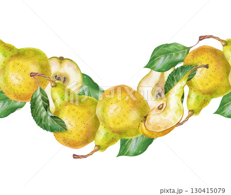 Seamless wavy border of ripe pears, hand-drawn. Watercolor illustration isolated on a white background. Whole pears, slices of fruit and green leaves. A botanical template for the design of healthy 130415079