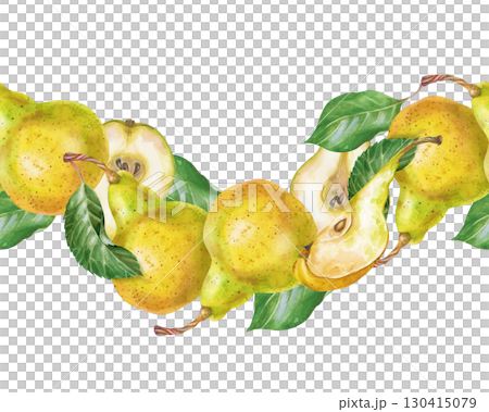 Seamless wavy border of ripe pears, hand-drawn. Watercolor illustration isolated on a white background. Whole pears, slices of fruit and green leaves. A botanical template for the design of healthy 130415079