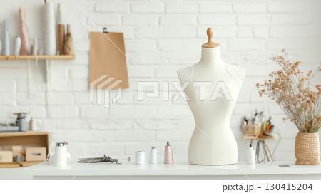 Sewing workspace featuring a mannequin, spools of thread, scissors, and other tools, suggesting a dressmaker or tailor is creating or altering garments 130415204
