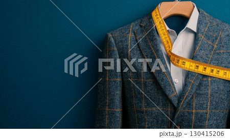 Checked jacket with measuring tape hanging on wooden hanger on blue background, showcasing tailoring, fashion design, and bespoke garment creation 130415206