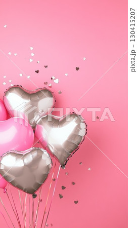 Bunch of pink and silver heart shaped balloons floating against a pink background with silver confetti, creating a romantic and festive vibe for special occasions 130415207