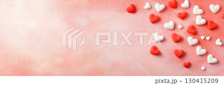 Red and white candy hearts scattered on a pink background create a romantic valentine's day or love themed image, offering copy space for text or design elements 130415209