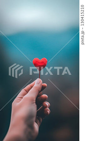 Hand gently holding a small red heart on a stick against a softly blurred natural background, symbolizing love, affection, and valentine's day 130415210