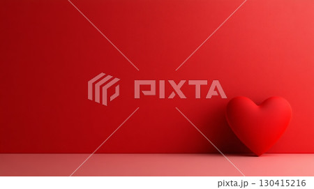 Red heart resting against a vibrant red wall, offering a minimalist yet striking symbol of love and affection, ideal for greeting cards and romantic backgrounds 130415216