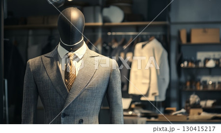 Grey suit with elegant tie displayed on mannequin in a modern fashion boutique with blurred background showcasing shelves and another mannequin 130415217