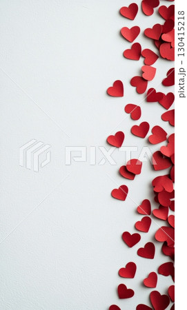Small red paper hearts creating a vertical line on a textured white background provide an elegant backdrop, ideal for valentine's day and romantic celebrations 130415218