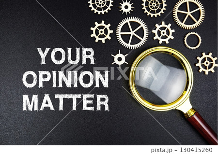 Your Opinion Matters text message with magnifying glass on black background 130415260