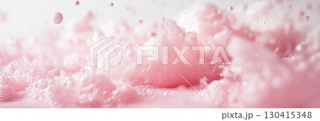 Pink foam is exploding, creating bubbles and drops on a light background, suggesting concepts like bath products, skincare, and celebration, perfect for valentine's day or women's day 130415348
