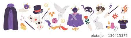 Magician elements. Illusionist show accessories, tricks items, mystery performance equipment, cards, rabbit, crystal ball, wizard cloak, crystal ball, cartoon flat isolated garish vector set 130415373