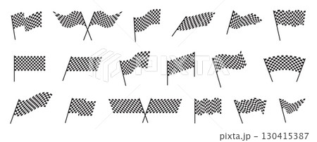 Racing flags. Sport black and white start or finish symbols, cars competitions, checkered special signals, crossed and fluttering, motorsport championship, simple isolated nowaday vector set Racing flags. Sport black and white start or finish symbols, cars competitions, checkered special signals, crossed and fluttering, motorsport championship, simple isolated nowaday vector set 130415387