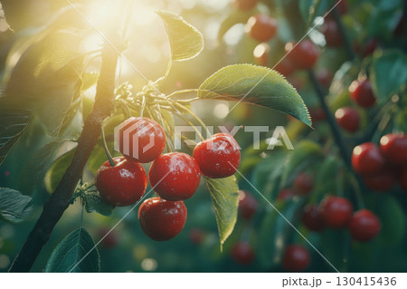 Juicy ripe red cherries on a tree branch. Fresh green leaves glisten with water drops. Golden sun rays illuminate delicious summer fruit. 130415436
