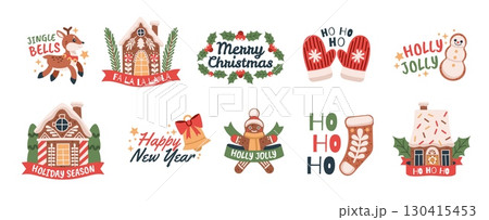 Christmas funny emblems. Holiday stickers with new year symbols, gingerbread houses, shapes, homemade sweet pastry, cute cookies, cards and posters design tidy vector cartoon isolated set 130415453