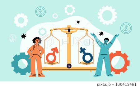 Gender equivalence. Measuring weight of male and female symbols, feminism, struggle for rights, balance of scales, man and women equality cartoon flat style isolated garish vector concept Gender equivalence. Measuring weight of male and female symbols, feminism, struggle for rights, balance of scales, man and women equality cartoon flat style isolated garish vector concept 130415461