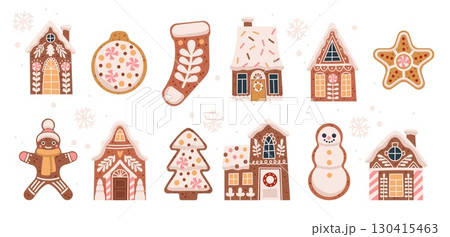 Gingerbread cookies. Homemade winter holiday sweet biscuits, painting with sweet glaze, Christmas or new year pastry, funny decor sugar bread dessert, tidy vector cartoon isolated set 130415463