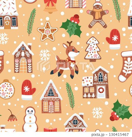 Gingerbread houses seamless pattern. New year and Christmas repeated symbols, sweet homemade pastry, glazed cookies. Textile, wrapping paper, wallpaper. Print for fabric tidy vector background 130415467