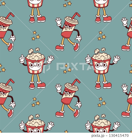 Groovy cinema characters seamless pattern. Cartoon retro mascots, repeated funny popcorn and soda drink with faces, textile, wrapping paper, wallpaper. Print for fabric garish vector background 130415470