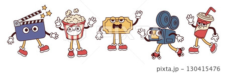 Movie characters. Groovy kino mascots, funny cinema elements with retro faces, hands and feet, filming, movie production, video camera, popcorn and drink, garish vector isolated cartoon set Movie characters. Groovy kino mascots, funny cinema elements with retro faces, hands and feet, filming, movie production, video camera, popcorn and drink, garish vector isolated cartoon set 130415476