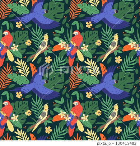 Parrots seamless pattern. Beautiful flowers, tropical leaves and exotic bright birds, repeated jungle elements. Textile, wrapping paper, wallpaper. Print for fabric garish vector background 130415482