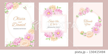 Peony wedding cards. Gentle floral invitations, pink elegance flowers, lush inflorescences, beautiful garden plants, different frames with pastel blossoms, splendid vector isolated set 130415494