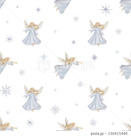 Seamless pattern with cute Christmas angel trumpets with light hair and blue dress in minimalist scandinavian style. Hand drawn illustration repeat ornament with snowflakes children's design. 130415495
