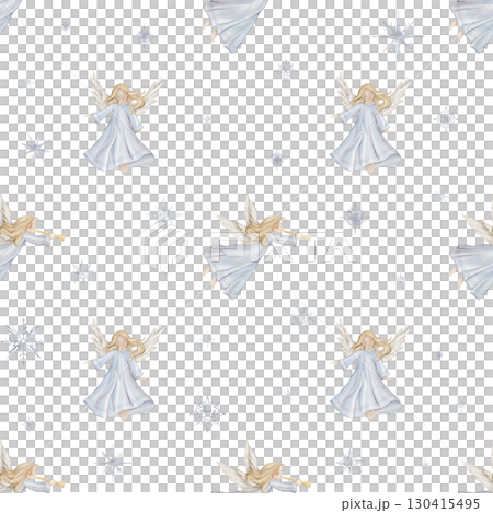 Seamless pattern with cute Christmas angel trumpets with light hair and blue dress in minimalist scandinavian style. Hand drawn illustration repeat ornament with snowflakes children's design. 130415495
