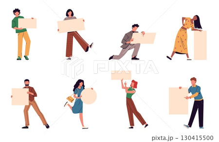 People hold blank advertising placards. Men, women with different shapes empty banners, dynamic poses, city characters, promotion marketing cartoon flat style isolated nowaday vector set 130415500