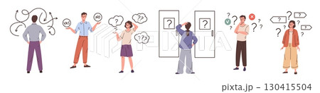 People make choices. Finding right solution, different options for action, weighing pros and cons, dilemma or question, alternative strategy cartoon flat style isolated garish vector set 130415504