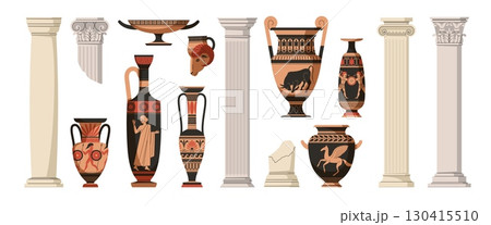 Traditional greek columns. Historical architecture elements and ancient pottery, mediterranean culture, art ceramic vases, museum exhibition historic objects, tidy vector isolated set 130415510