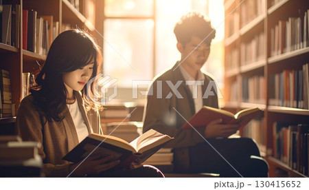 図書館で本を読む女性と男性が要る風景 130415652