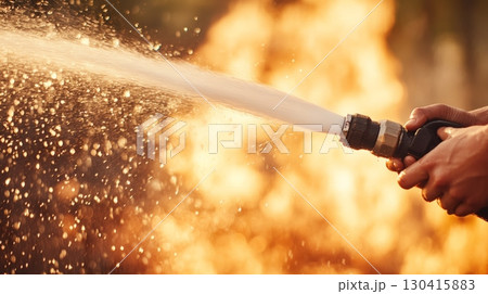 Firefighter spraying water from a fire hose, battling flames in a field during sunset, creating a striking contrast of fire and water in a dramatic emergency scene Firefighter spraying water from a fire hose, battling flames in a field during sunset, creating a striking contrast of fire and water in a dramatic emergency scene 130415883